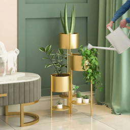 800mm Tall Metal Plant Stand Indoor Modern 3 Tier Corner Planter in Gold - thumbnail 5