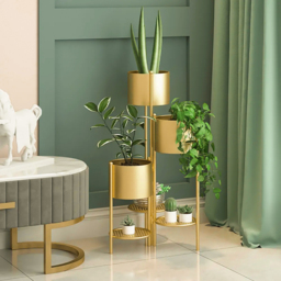 800mm Tall Metal Plant Stand Indoor Modern 3 Tier Corner Planter in Gold - thumbnail 1