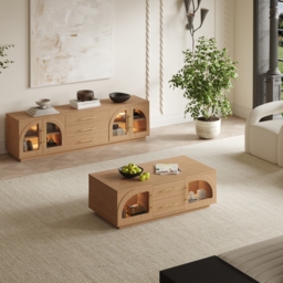 Arune 1829 mm Mid Century Modern Natural TV Stand Coffee Table Set with LED Lights and Arched Glass Cabinet Doors - thumbnail 2