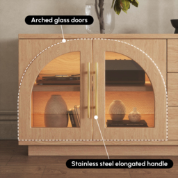 Arune 1829 mm Mid Century Modern Natural TV Stand Coffee Table Set with LED Lights and Arched Glass Cabinet Doors - thumbnail 7
