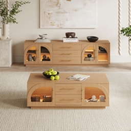 Arune 1829 mm Mid Century Modern Natural TV Stand Coffee Table Set with LED Lights and Arched Glass Cabinet Doors