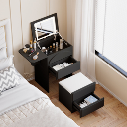 Modern Flip Top White Dressing Table with Chair with Charging Station Mini Dressing Table with Stool