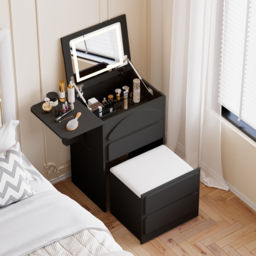 Modern Flip Top White Dressing Table with Chair with Charging Station Mini Dressing Table with Stool - thumbnail 2