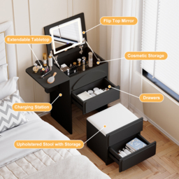 Modern Flip Top White Dressing Table with Chair with Charging Station Mini Dressing Table with Stool - thumbnail 3