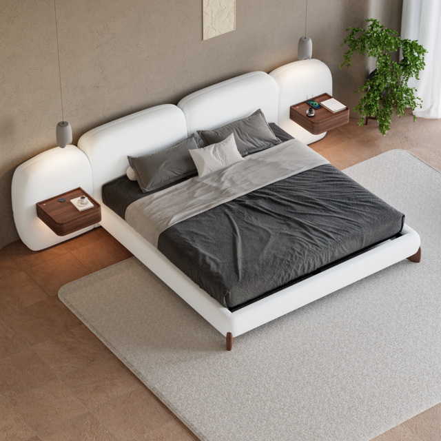 180cm*200cm Curva Boucle Upholstered Bed Frame with Extended Headboard & Floating Charging Trays - image 1