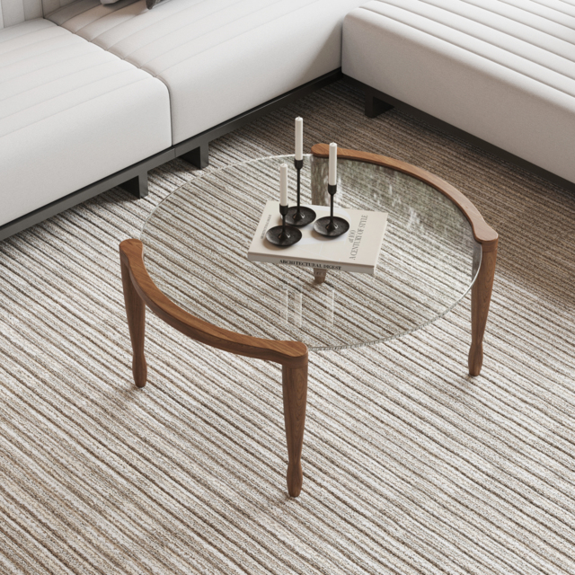 Mid Century Modern Glass and Walnut Round Coffee Table with Wood Legs - image 1