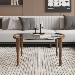 Mid Century Modern Glass and Walnut Round Coffee Table with Wood Legs - thumbnail 3