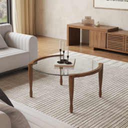 Mid Century Modern Glass and Walnut Round Coffee Table with Wood Legs - thumbnail 2