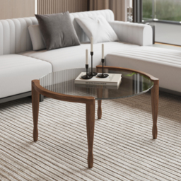 Mid Century Modern Glass and Walnut Round Coffee Table with Wood Legs - thumbnail 4