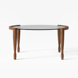 Mid Century Modern Glass and Walnut Round Coffee Table with Wood Legs - thumbnail 5