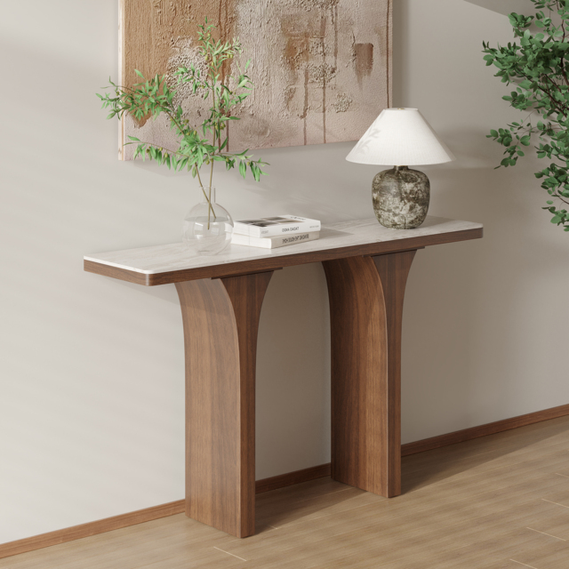 Travertine Veneer Top Console Table Entryway Furniture in Walnut - image 1