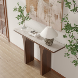 Travertine Veneer Top Console Table Entryway Furniture in Walnut - thumbnail 2
