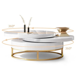 White Round Modern Wood Swivel Coffee Table with Storage Drawer in Gold - thumbnail 6