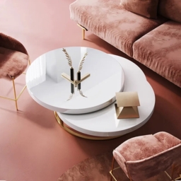 White Round Modern Wood Swivel Coffee Table with Storage Drawer in Gold - thumbnail 1