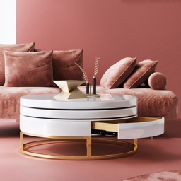 White Round Modern Wood Swivel Coffee Table with Storage Drawer in Gold - thumbnail 3