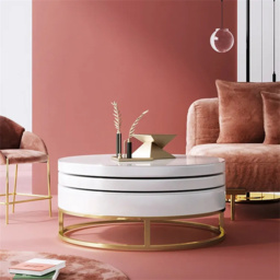 White Round Modern Wood Swivel Coffee Table with Storage Drawer in Gold - thumbnail 5