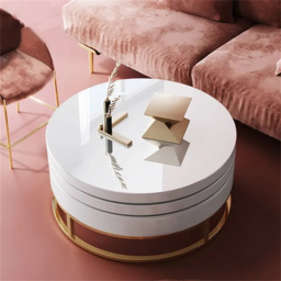 White Round Modern Wood Swivel Coffee Table with Storage Drawer in Gold - thumbnail 4