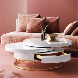 White Round Modern Wood Swivel Coffee Table with Storage Drawer in Gold - thumbnail 2