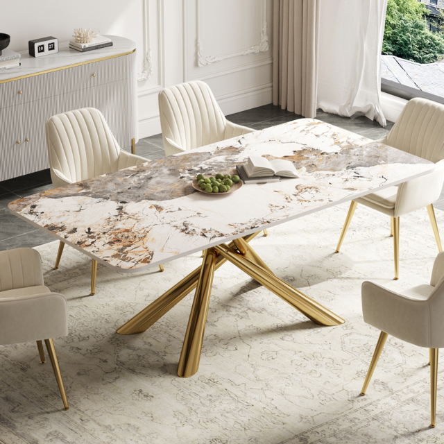 160 cm Modern Stone Top Rectangle Dining Table in Pandora & Gold with Trestle - image 1