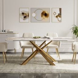 160 cm Modern Stone Top Rectangle Dining Table in Pandora & Gold with Trestle - thumbnail 7