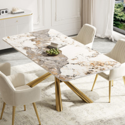 160 cm Modern Stone Top Rectangle Dining Table in Pandora & Gold with Trestle - thumbnail 2