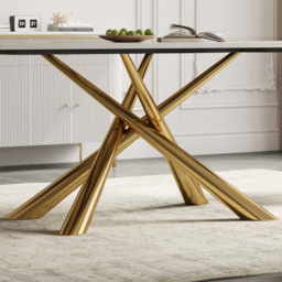 160 cm Modern Stone Top Rectangle Dining Table in Pandora & Gold with Trestle - thumbnail 9