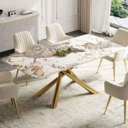 160 cm Modern Stone Top Rectangle Dining Table in Pandora & Gold with Trestle