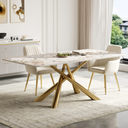 160 cm Modern Stone Top Rectangle Dining Table in Pandora & Gold with Trestle - thumbnail 3
