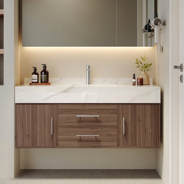 100 cm Walnut Floating Bathroom Vanity Set Stone Top Wall Mounted Bathroom Cabinet - image 1