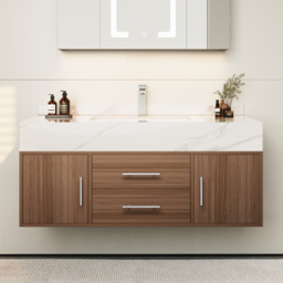 100 cm Walnut Floating Bathroom Vanity Set Stone Top Wall Mounted Bathroom Cabinet - thumbnail 2