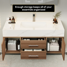 100 cm Walnut Floating Bathroom Vanity Set Stone Top Wall Mounted Bathroom Cabinet - thumbnail 4