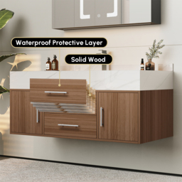 100 cm Walnut Floating Bathroom Vanity Set Stone Top Wall Mounted Bathroom Cabinet - thumbnail 6