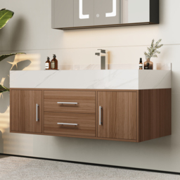 100 cm Walnut Floating Bathroom Vanity Set Stone Top Wall Mounted Bathroom Cabinet - thumbnail 3