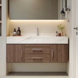 100 cm Walnut Floating Bathroom Vanity Set Stone Top Wall Mounted Bathroom Cabinet - thumbnail 1