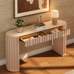 "Aura 60"" Ash Wood Fluted Whitewash Console Table With Sintered Stone Top" - thumbnail 4