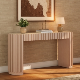 "Aura 60"" Ash Wood Fluted Whitewash Console Table With Sintered Stone Top"