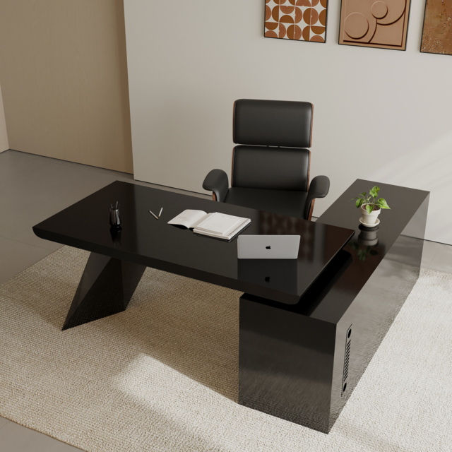 Set Black L-Shape Executive Desk Left Hand Reclining Leather Office Desk Chair (1800mm) - image 1