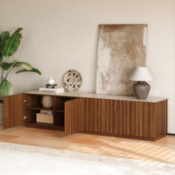 Aura 210 cm Ash Wood Fluted Walnut TV Standwith Sintered Stone Top - thumbnail 4