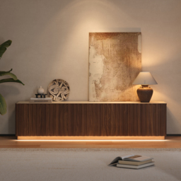 Aura 210 cm Ash Wood Fluted Walnut TV Standwith Sintered Stone Top - thumbnail 2