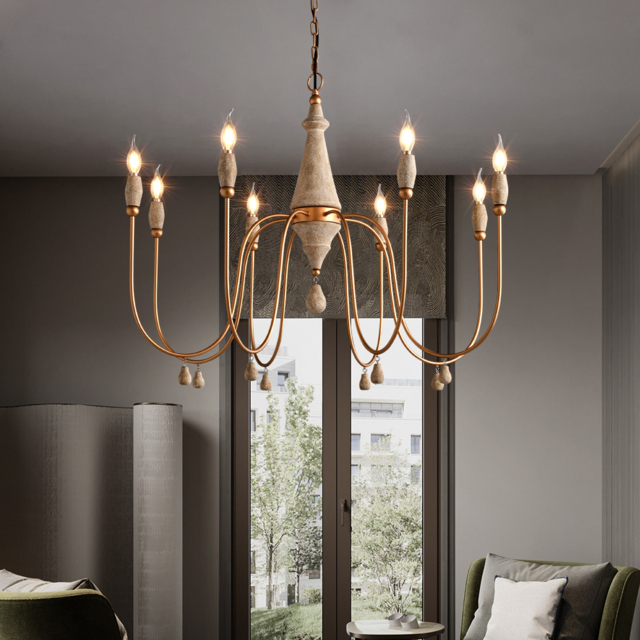 Mid Century  Modern Candle-Style 8-Light Chandelier Gold Ovated Wood Pendant Light - image 1