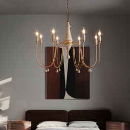 Mid Century  Modern Candle-Style 8-Light Chandelier Gold Ovated Wood Pendant Light - thumbnail 7