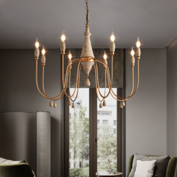 Mid Century  Modern Candle-Style 8-Light Chandelier Gold Ovated Wood Pendant Light - thumbnail 1