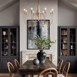 Mid Century  Modern Candle-Style 8-Light Chandelier Gold Ovated Wood Pendant Light - thumbnail 2