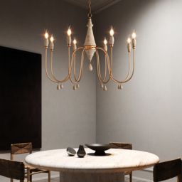 Mid Century  Modern Candle-Style 8-Light Chandelier Gold Ovated Wood Pendant Light - thumbnail 5