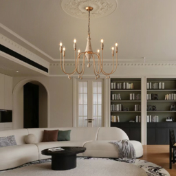 Mid Century  Modern Candle-Style 8-Light Chandelier Gold Ovated Wood Pendant Light - thumbnail 4