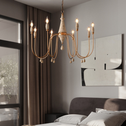 Mid Century  Modern Candle-Style 8-Light Chandelier Gold Ovated Wood Pendant Light - thumbnail 6
