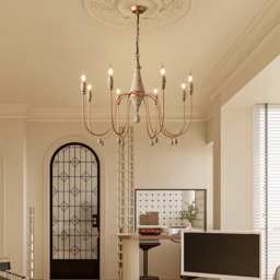Mid Century  Modern Candle-Style 8-Light Chandelier Gold Ovated Wood Pendant Light - thumbnail 3