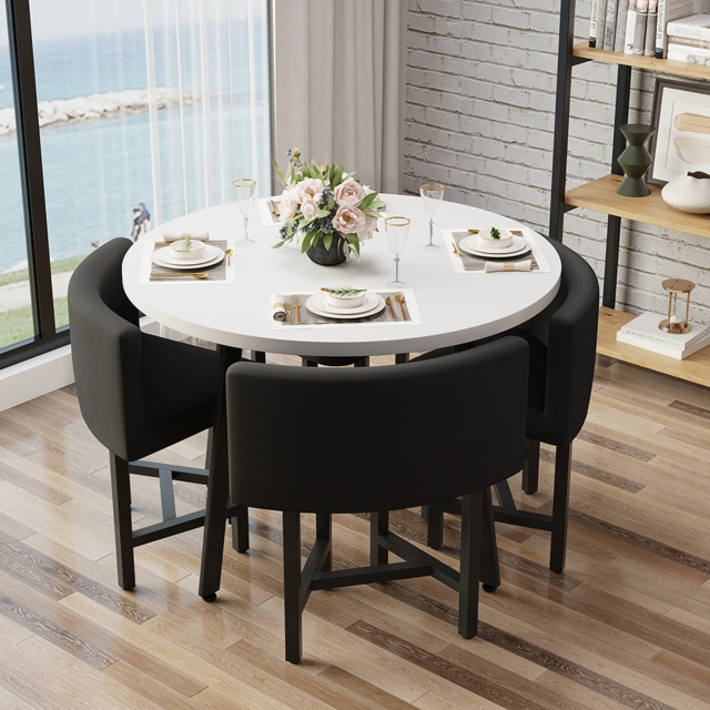 Round Small Dining Table Set Nesting with Black Upholstered Chairs for 4 Modern 100 cm - image 1