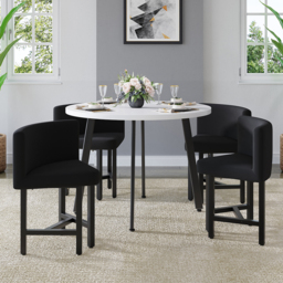 Round Small Dining Table Set Nesting with Black Upholstered Chairs for 4 Modern 100 cm - thumbnail 2