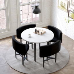 Round Small Dining Table Set Nesting with Black Upholstered Chairs for 4 Modern 100 cm - thumbnail 3
